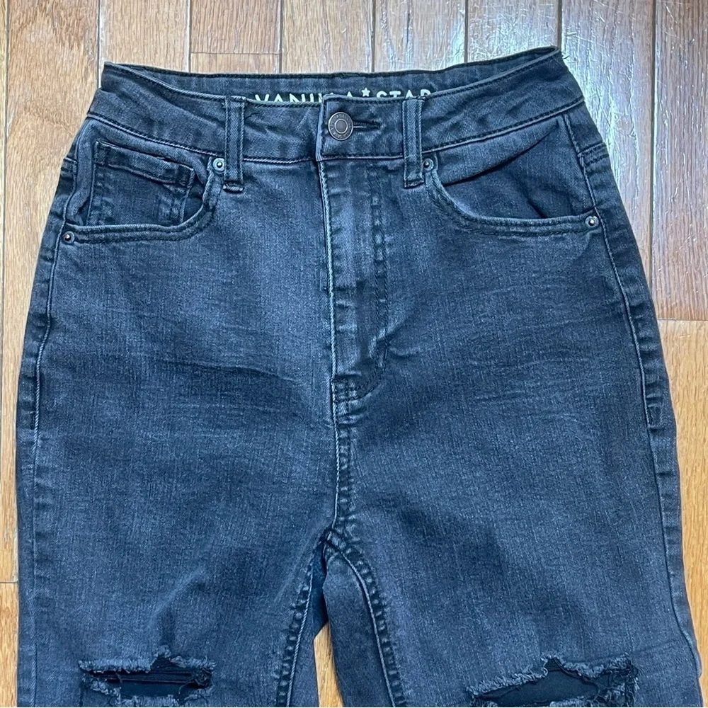 Vanilla Star Black Distressed Mom Jeans Size 1 High Rise Ripped Knees Frayed Hem